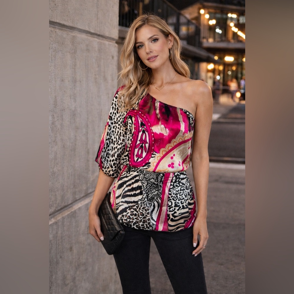 Style Me One Shoulder Animal Print & Scarf Print Blouse | Size M